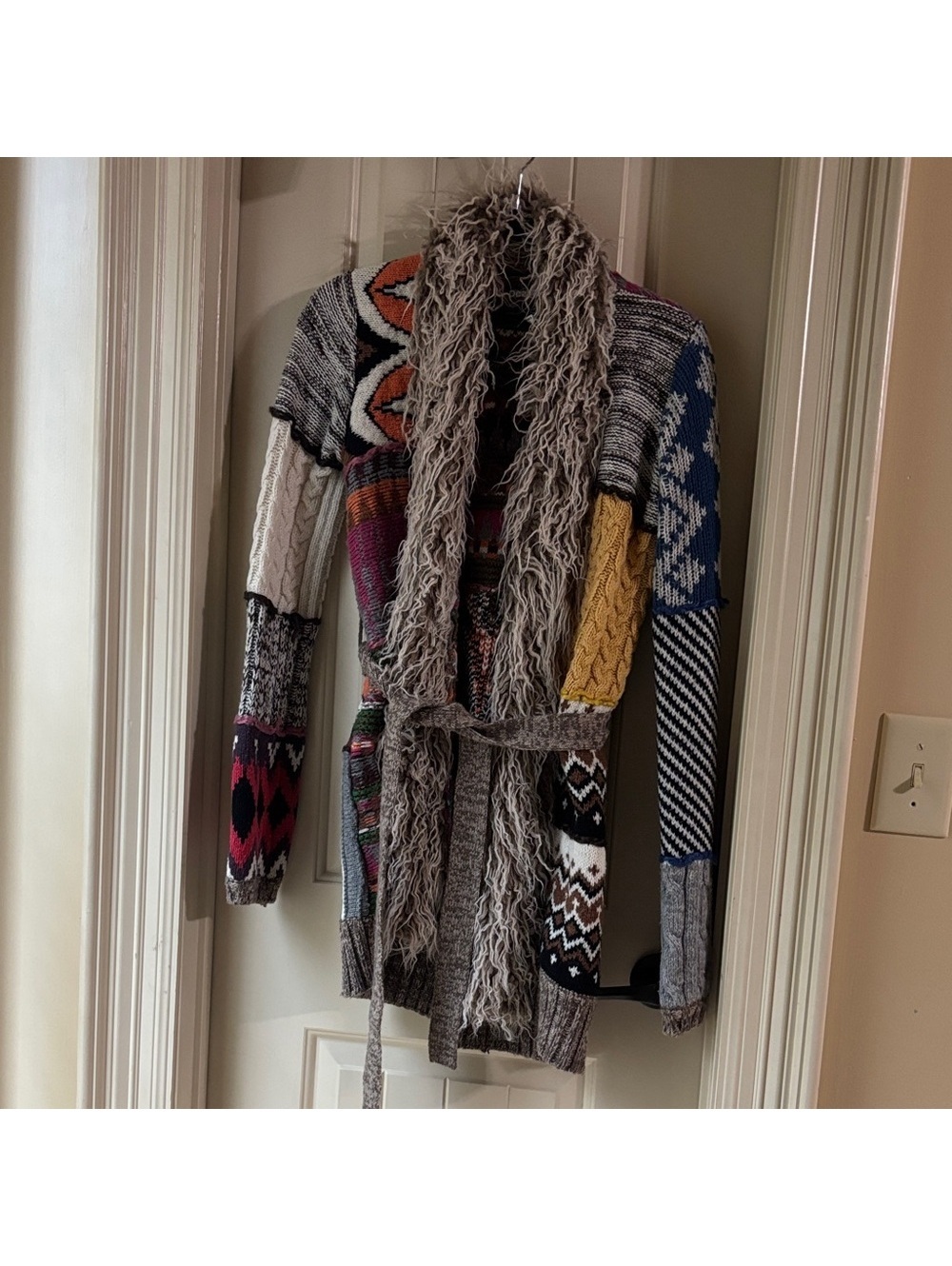 Desigual Multicolor Patchwork Cardigan with Belt Wool Blend Boho Artsy Y2K Warm